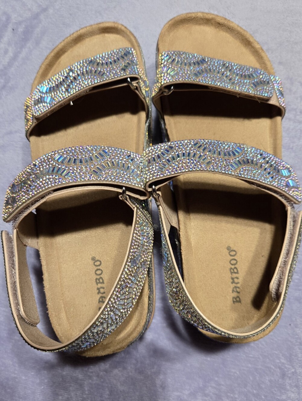 Bamboo Rhinestone Embellished Beige Slide Sandals Size 10